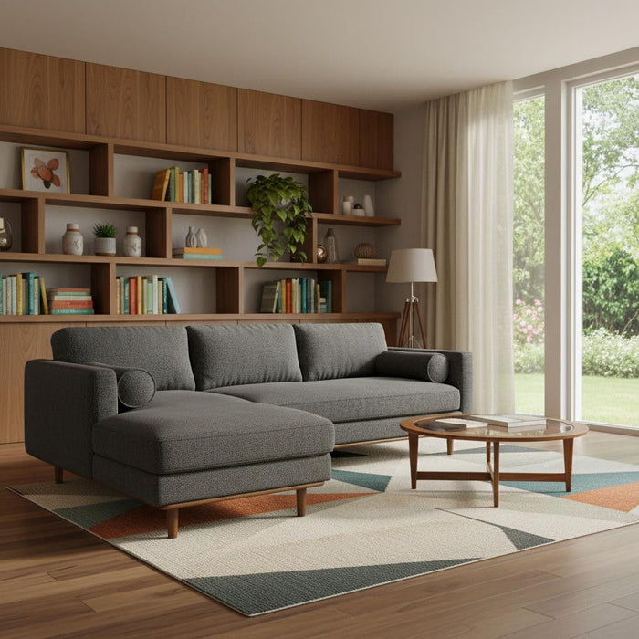 Mid-Century Sofa With Brown Legs Fabric - Gray