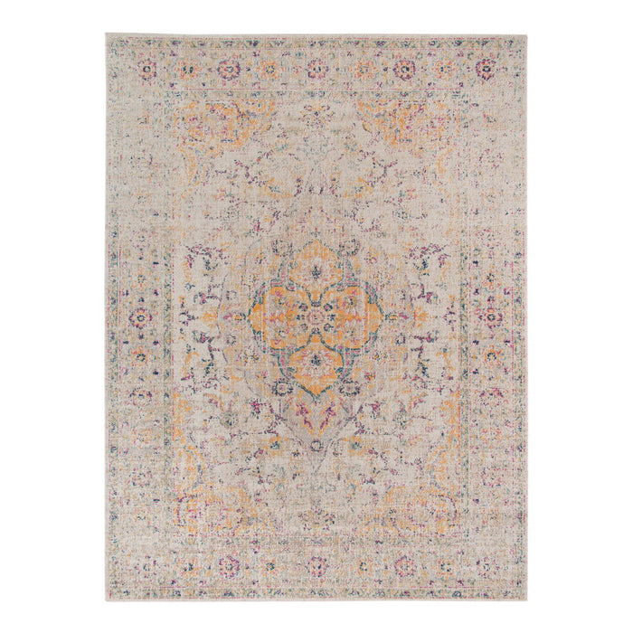 9' x 12' Oriental Power Loom Worn Faded Area Rug - Ivory Navy And Yellow