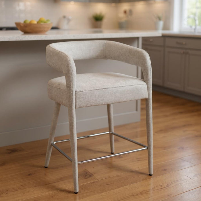 Ivory modern metal and fabric low back counter height bar chair with sleek design, suitable for kitchen or bar area.