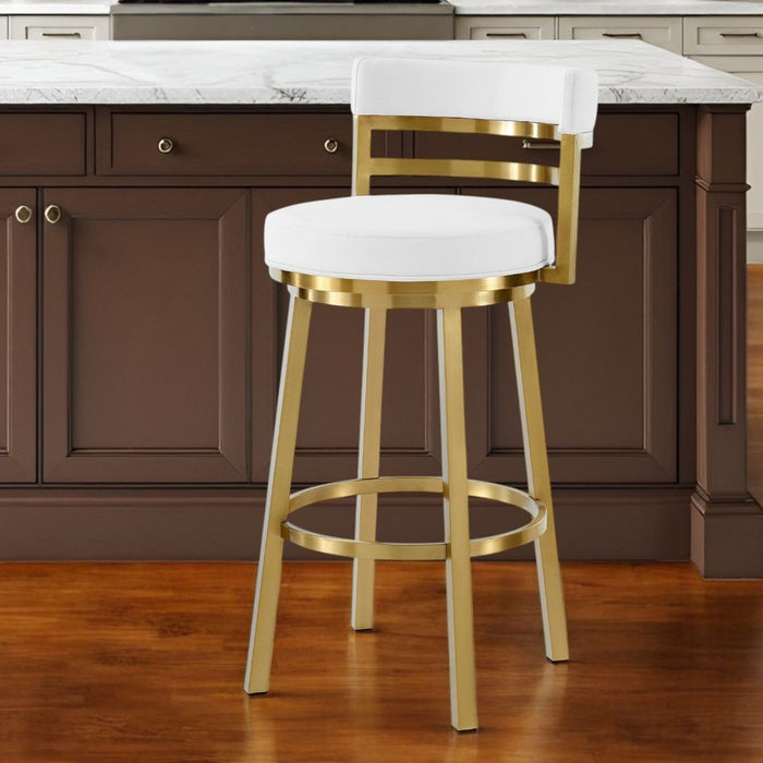26" Faux Leather And Stainless Steel Low Back Counter Height Swivel Bar Chair - White / Gold