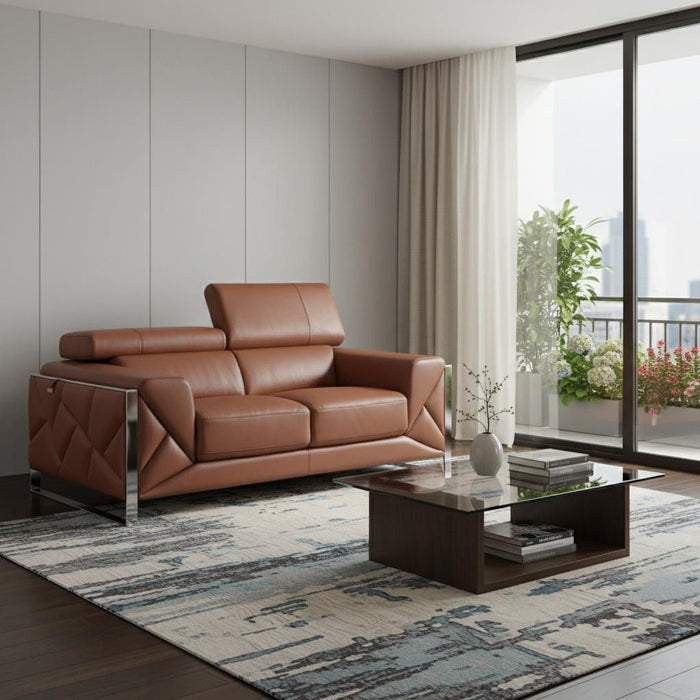 Italian Leather Loveseat - Camel / Silver