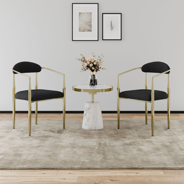 Set of 2 Giga mid-century modern dining chairs with boucle round backrests and metal legs, ideal for kitchen or dining room.