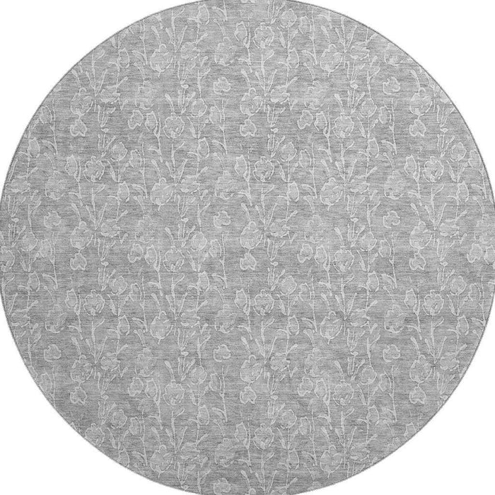 8' Floral Washable Round Rug With UV Protection (656421) - Silver / Ivory