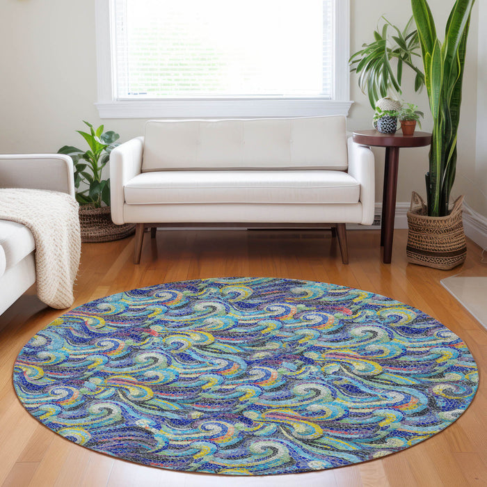8' Geometric Washable Round Rug With UV Protection - Pacific Blue