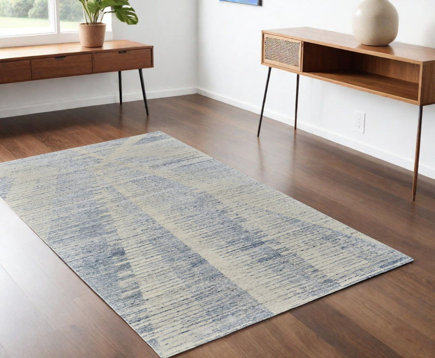 4' x 6' Abstract Hand Knotted Worn Faded Area Rug - Blue And Ivory
