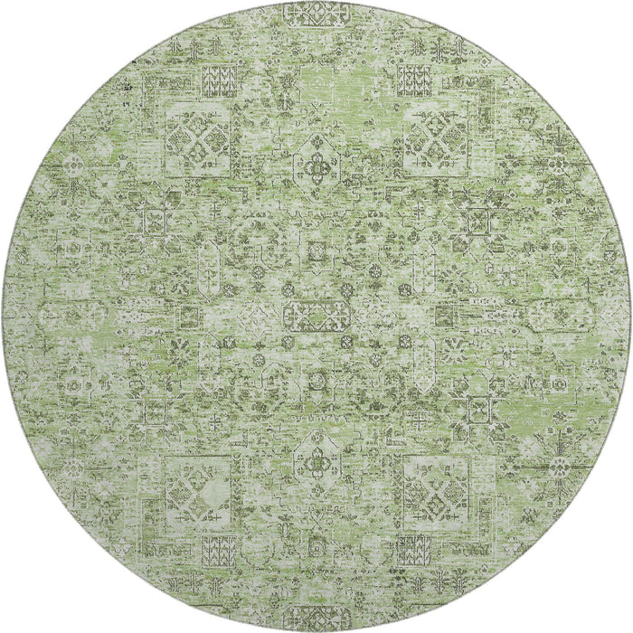 8' Floral Washable Round Rug With UV Protection (651175) - Green / Ivory