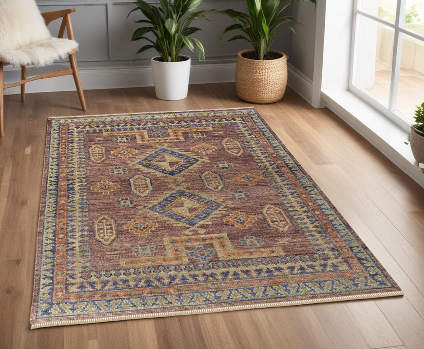4' x 6' Wool Geometric Hand Knotted Area Rug With Fringe - Blue Red And Tan