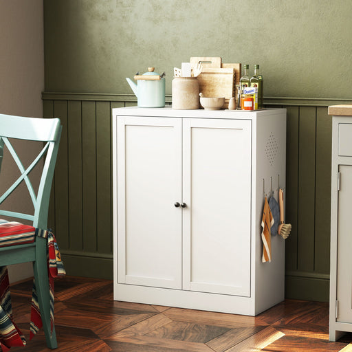 White Giga pantry cabinet with adjustable shelves, freestanding kitchen storage organizer, accent cabinet for versatile storage.