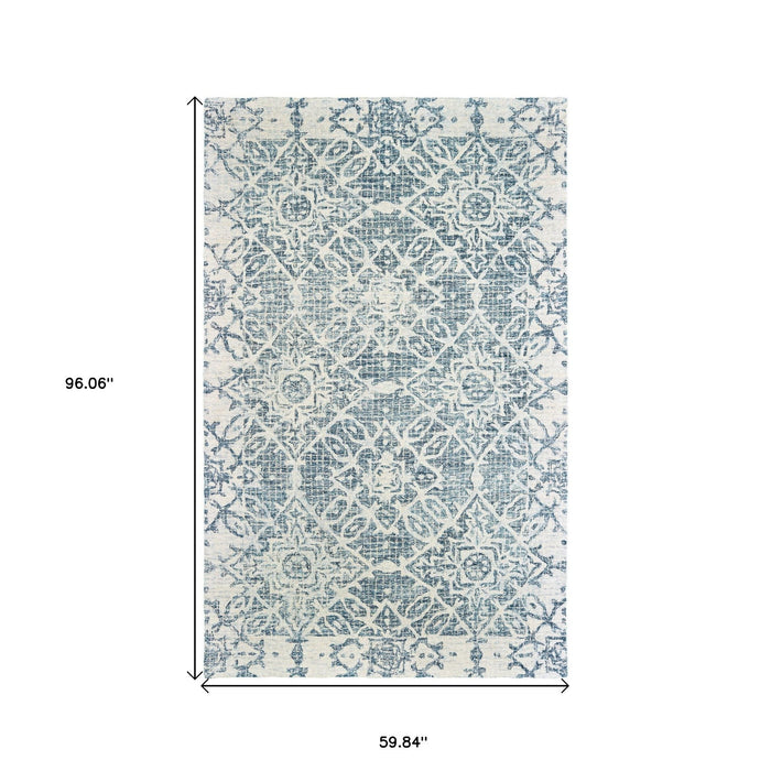 5' X 8' Wool Geometric Hand Tufted Area Rug - Blue And Ivory