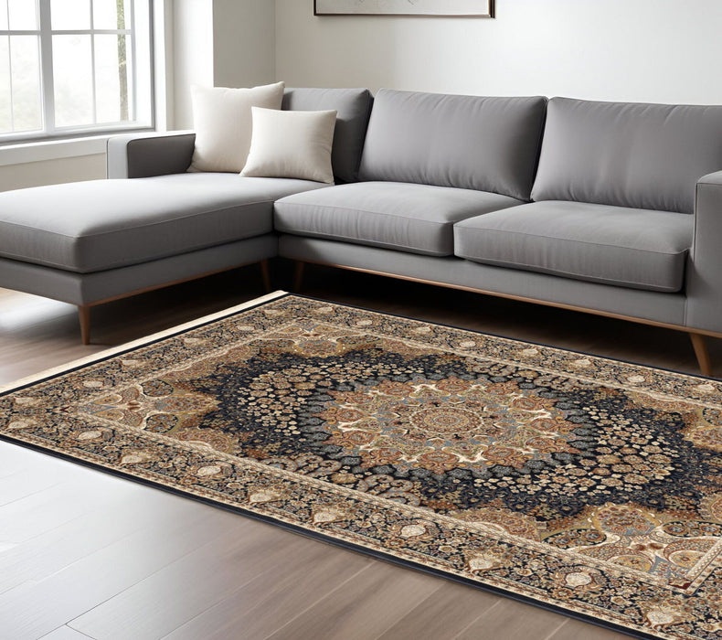 8' X 11' Medallion Area Rug With Fringe - Navy Blue