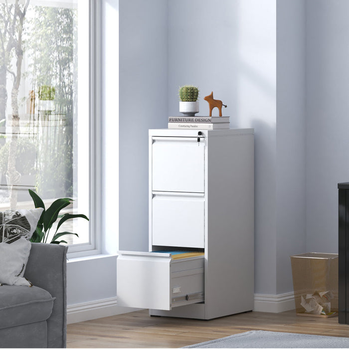Giga steel vertical filing cabinet with lock for A4, legal, and letter size documents, featuring multiple drawers for office storage.