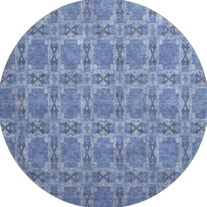 8' Floral Medallion Washable Round Rug With UV Protection (649477) - Denim Blue / Ivory