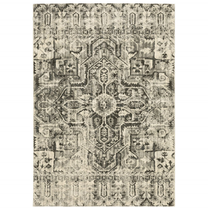 10' x 13' Oriental Power Loom Stain Resistant Area Rug - Gray Ivory And Brown
