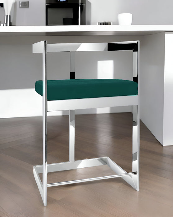 Velvet And Stainless Steel Low Back Counter Height Bar Chair - Green And Silver
