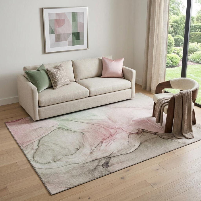 5' X 8' Abstract Washable Area Rug With UV Protection (646616) - Blush / Ivory