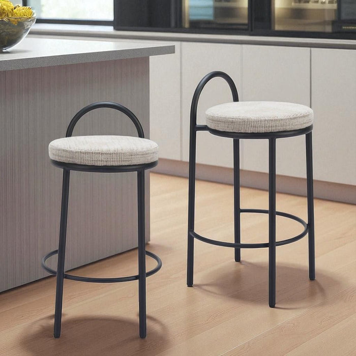 26" Chenille And Steel Low Back Counter Height Bar Chairs (Set of 2) - Beige / Black