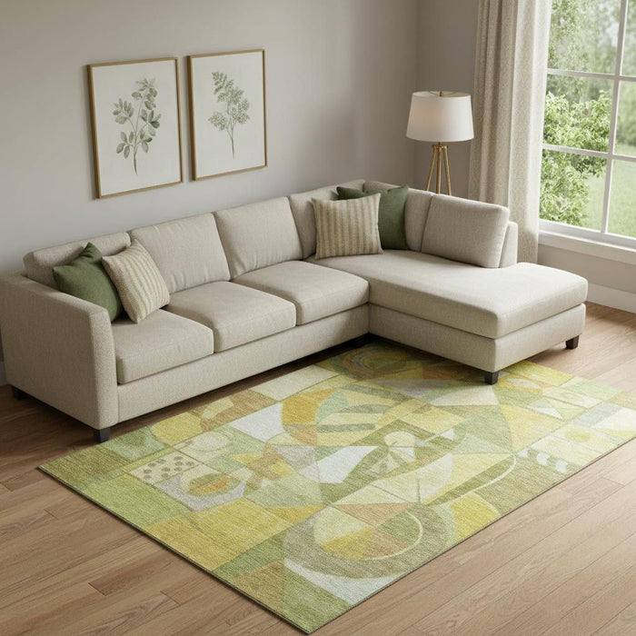 10' X 14' Abstract Washable Area Rug With UV Protection (700403) - Fern Green / Gold / Ivory
