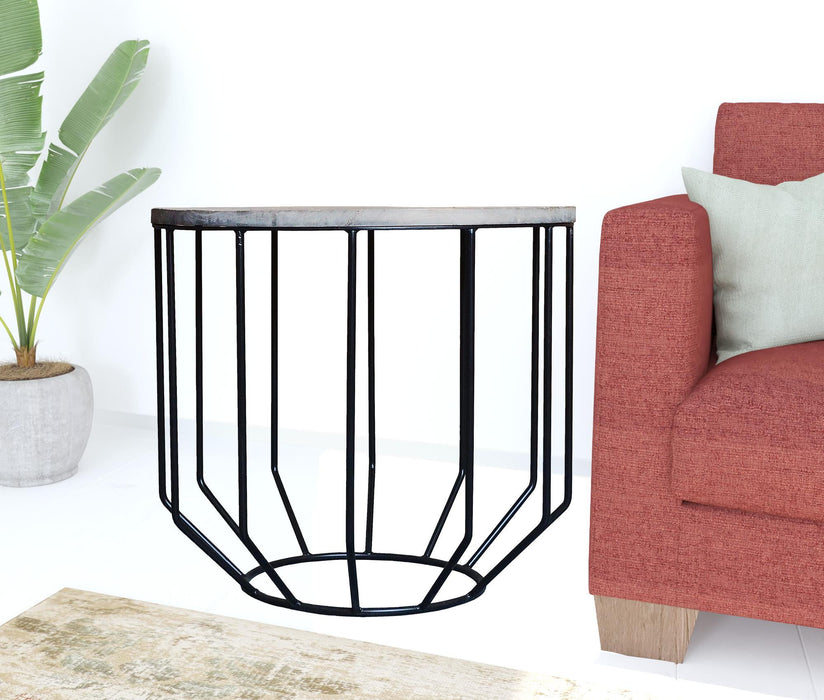 20" Solid Wood And Iron Round End Table - Black And Gray