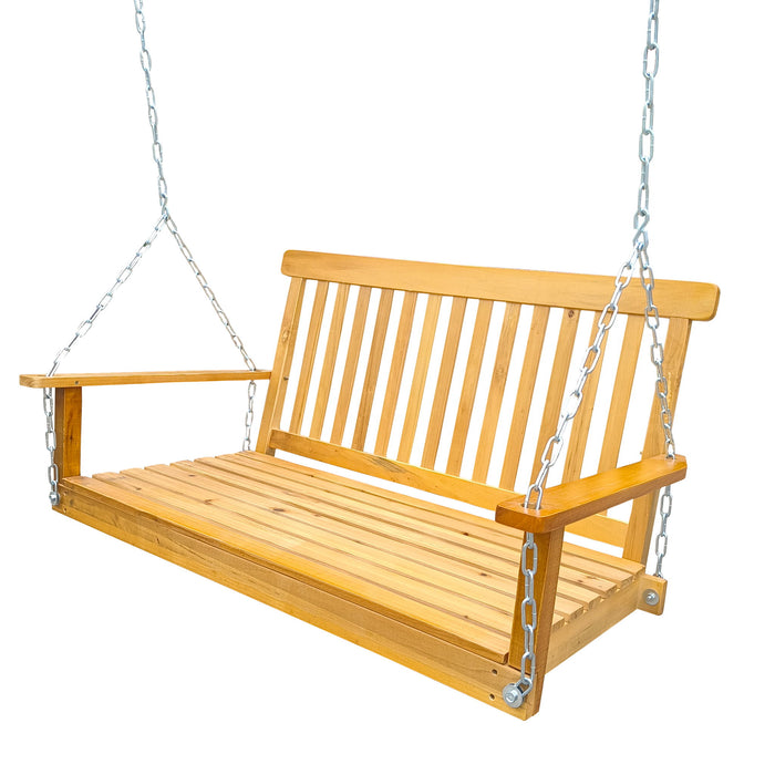 Giga outdoor patio swing with armrests, suitable for garden, yard, backyard, or sunroom, featuring a sturdy wooden frame and cushions.