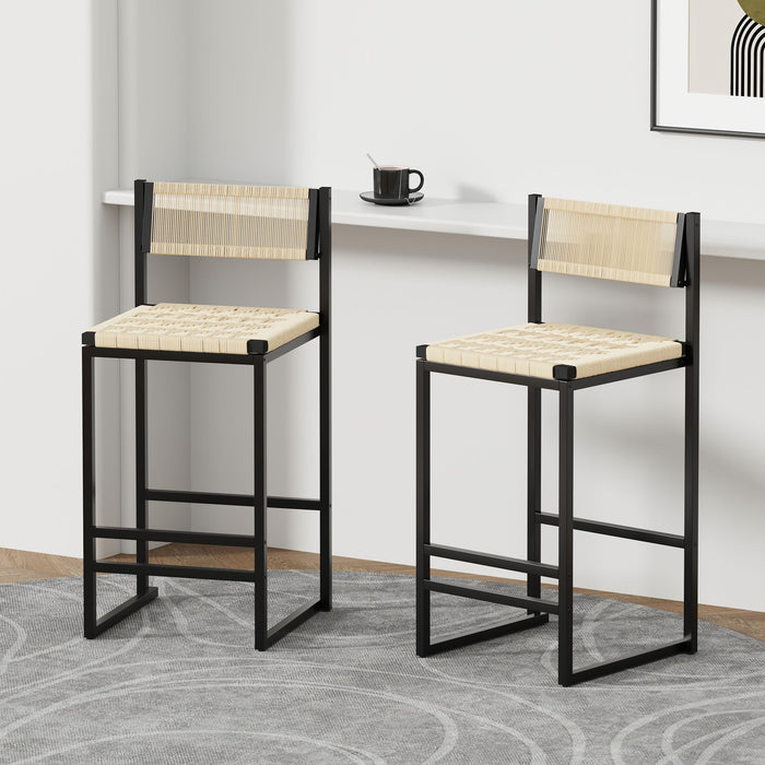 Creamy white Giga woven bar stool set with backrests, paper rope weave, ideal for kitchen islands and dining areas.