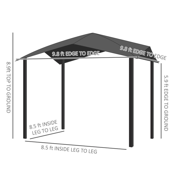Giga Outsunny 10x10 ft gray patio gazebo with a geometric roof design and all-weather steel frame, outdoor canopy for shade and shelter.