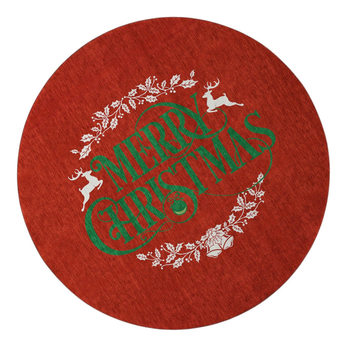 8' Christmas Washable Round Rug With UV Protection (646436) - Ruby Red / Green / Ivory
