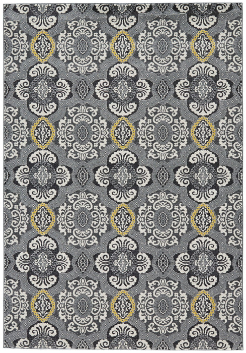 10' x 13' Damask Power Loom Area Rug - Gray Ivory And Yellow