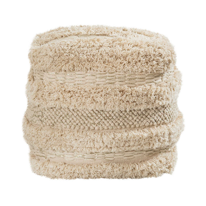 Beige cotton Yorba accent pouf by TOV Furniture, soft round seating or footrest with textured fabric.