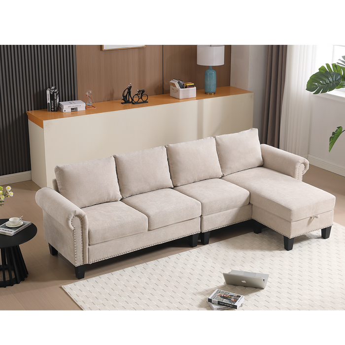 [NEW ARRIVED]   [VIDEO PROVIDED] Convertible Sectional Sofa with Storage,L-shaped sofa,Four-seater sofa,Modern Linen Fabric Sectional Couches for Living Room, Beige