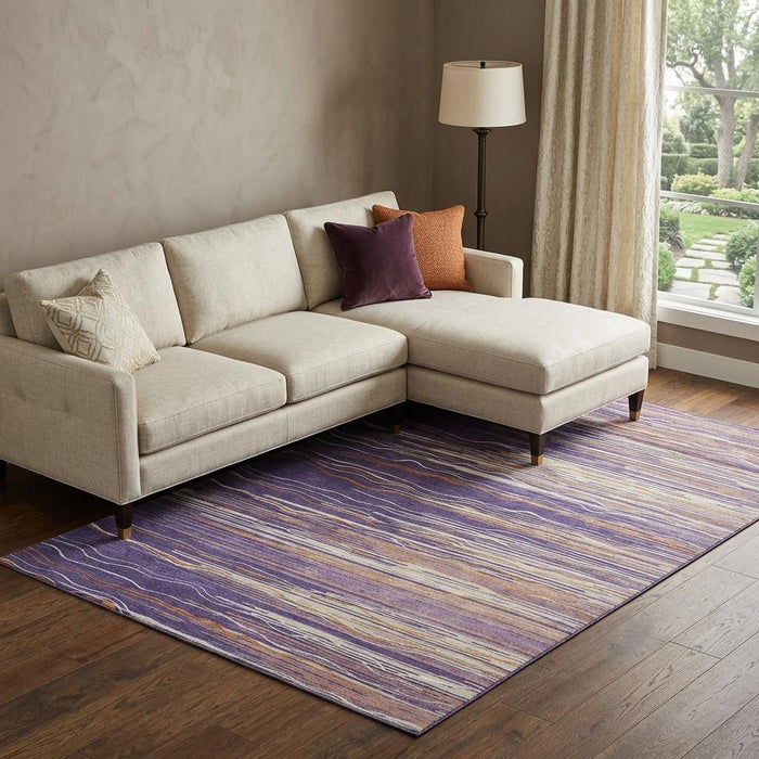 10' X 14' Striped Washable Area Rug With UV Protection (678413) - Purple / Orange / Ivory