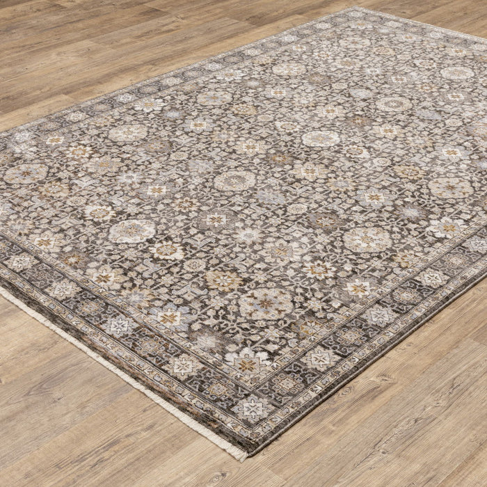 8' x 11' Oriental Power Loom Stain Resistant Area Rug With Fringe - Gray And Ivory