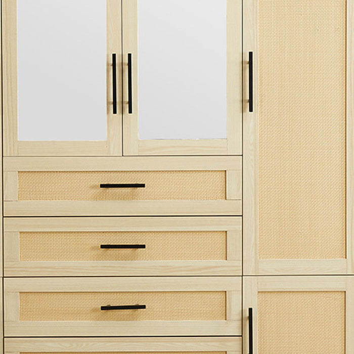 Natural wood wardrobe with six doors and four drawers, HomeRoots 70-inch wood and rat mirror combo dresser in a natural finish.