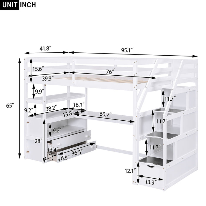 Loft Bed With Desk, Shelves, 2 Drawers, Storage Staircase