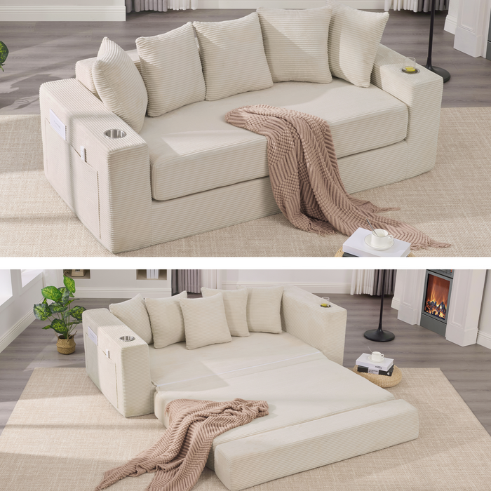 [NEW ARRIVED] [VIDEO PROVIDED] 2-in-1 Convertible Sleeper Couch,Modern sofa , Floor Folding Couch,Corduroy,5 Pillows,Side Pocket, Cup Holders,Apartment, Home Office, No Assembly,3 Seat,Beige