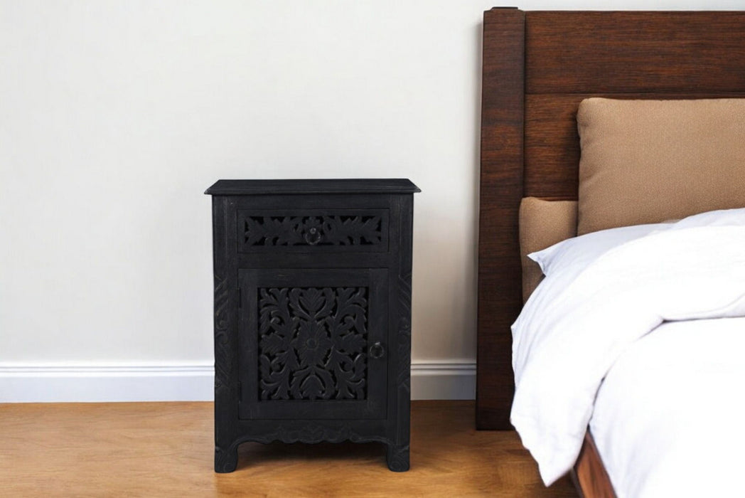 One Drawer Floral Carved Solid Wood Nightstand - Distressed Black