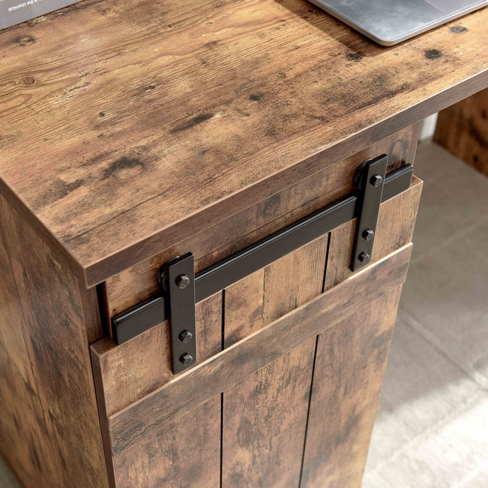 Giga distressed wood home office desk with cabinet, three shelves, faux barn door, metal euro hinges, and modesty panel.