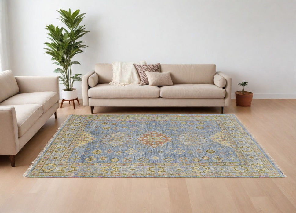 10' x 14' Wool Geometric Hand Knotted Area Rug With Fringe - Green Blue And Yellow