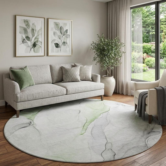 8' Abstract Washable Round Rug With UV Protection (647143) - Green / Ivory