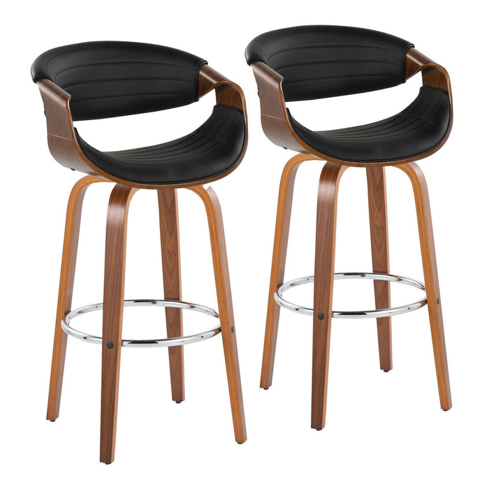 Curvo - 30" Fixed-Height Barstool With Swivel And Round Chrome Metal Footrest (Set of 2) - Walnut Wood