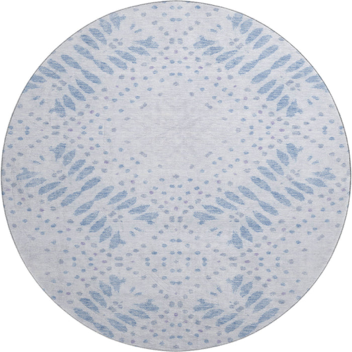 8' Floral Washable Round Rug With UV Protection - Blue / Ivory