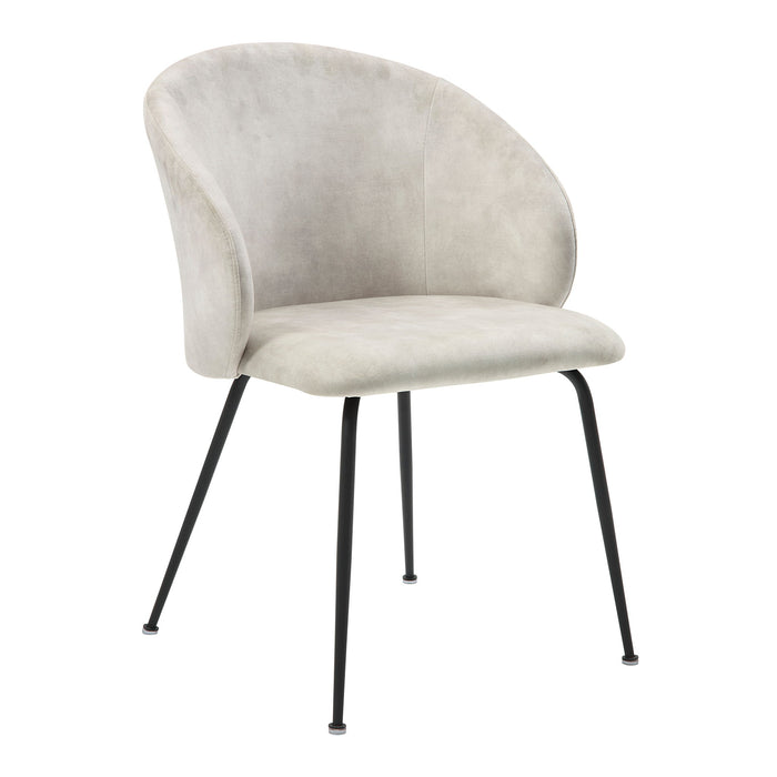 Two beige velvet upholstery side chairs with metal legs from Giga, modern home furniture, arranged side by side.