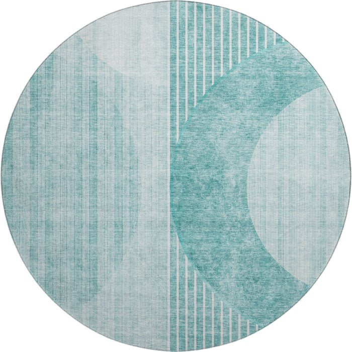 8' Geometric Washable Round Rug With UV Protection (655749) - Teal / Ivory