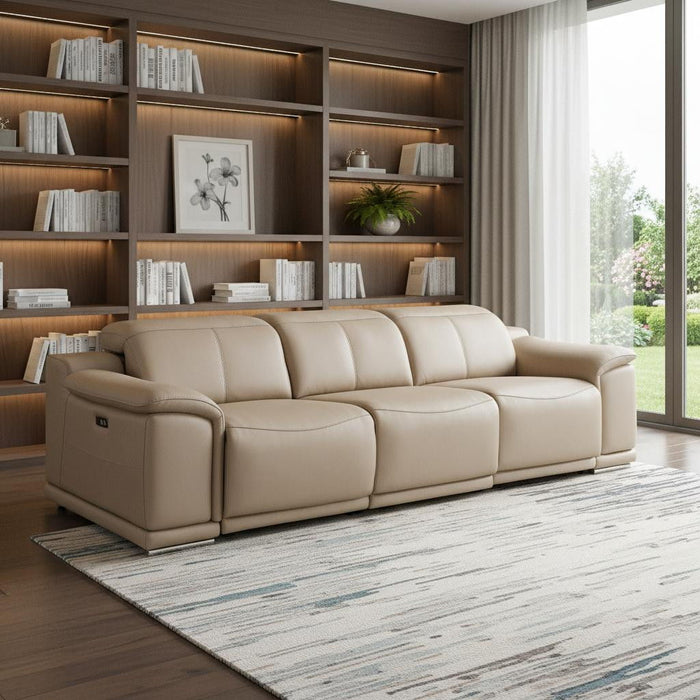 108" Leather Reclining Stainless Steel USB Sofa - Beige