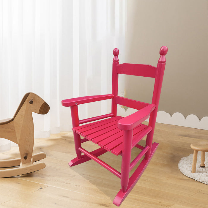 Giga children's rocking chair, durable indoor or outdoor kids' rocker with a sturdy wooden frame and colorful cushioned seat.