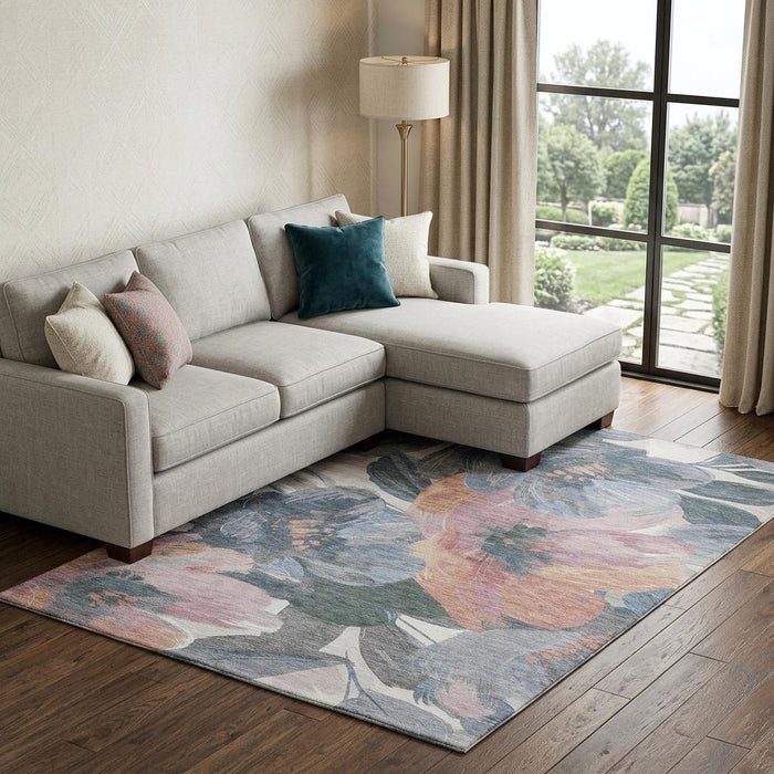 10' X 14' Floral Washable Area Rug With UV Protection (694008) - Pewter / Salmon / Gray