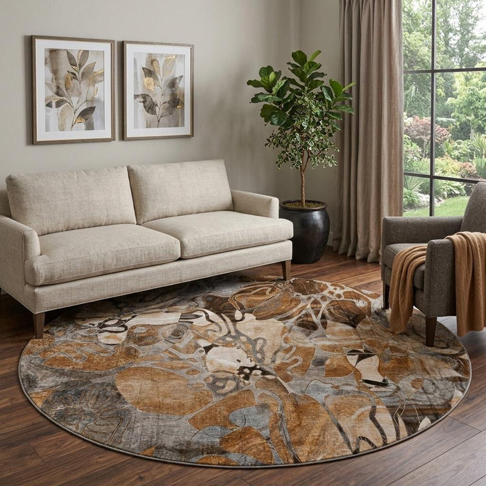 8' Abstract Distressed Washable Round Rug With UV Protection (648991) - Rust / Gray