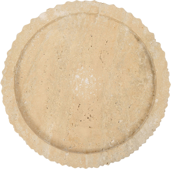 Round Russell Travertine Tray by Meridian Furniture, showcasing a sleek, natural stone surface perfect for serving or decor.