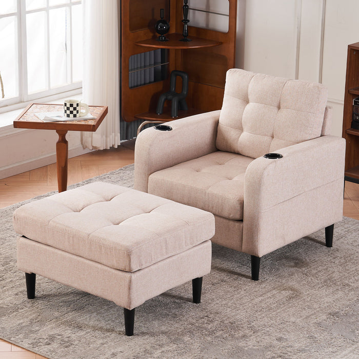 Giga upholstered armchair and storage ottoman set with tufted detailing, cup holders, ideal for living room or bedroom comfort.