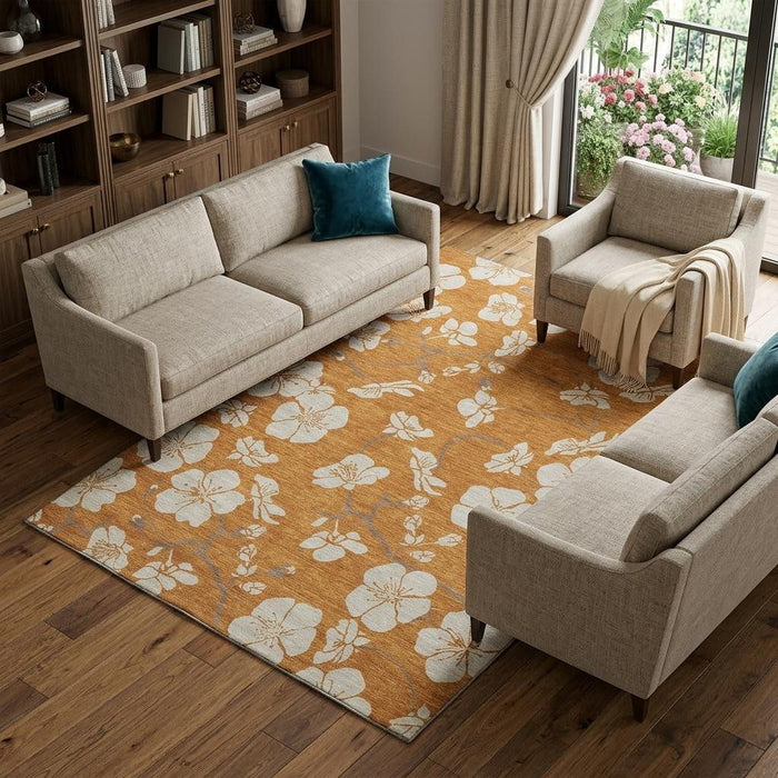10' X 14' Floral Washable Area Rug With UV Protection (681065) - Rust / Beige