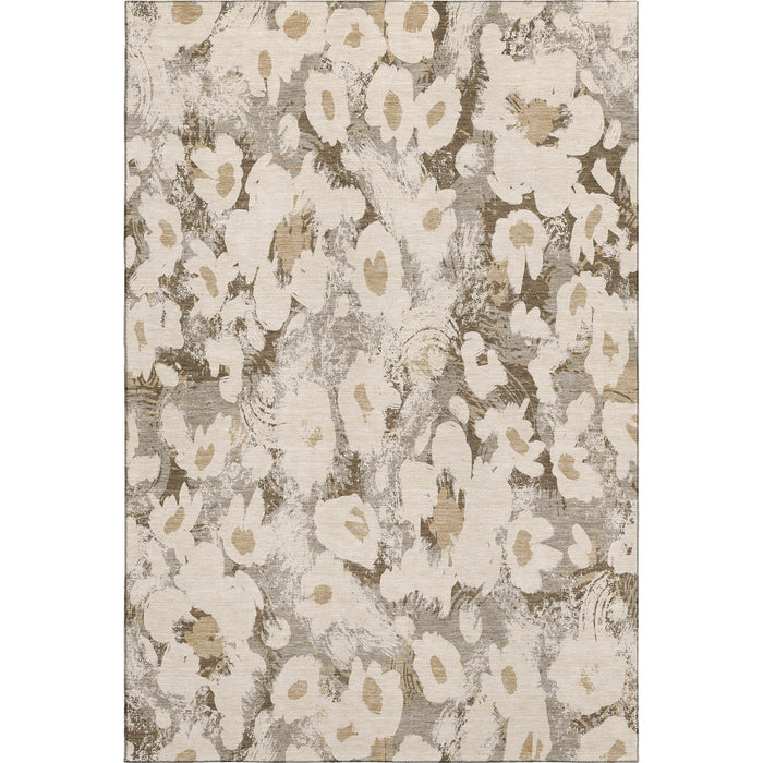 5' X 8' Floral Washable Area Rug With UV Protection (648168) - Khaki / Gray / Ivory